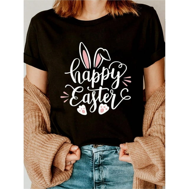 Camiseta con estampado de conejo de Pascua para mujer, divertida camiseta con letras estampadas, cuello redondo, suave y elegante, para verano.