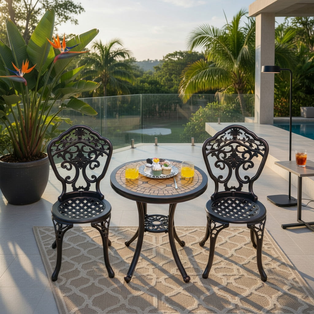 Hommoo 3-Piece All-Weather Cast Aluminum Patio Bistro Set in Copper Finish, Rust-Resistant Outdoor Table & Chairs for Porch, Backyard, Poolside, Brown