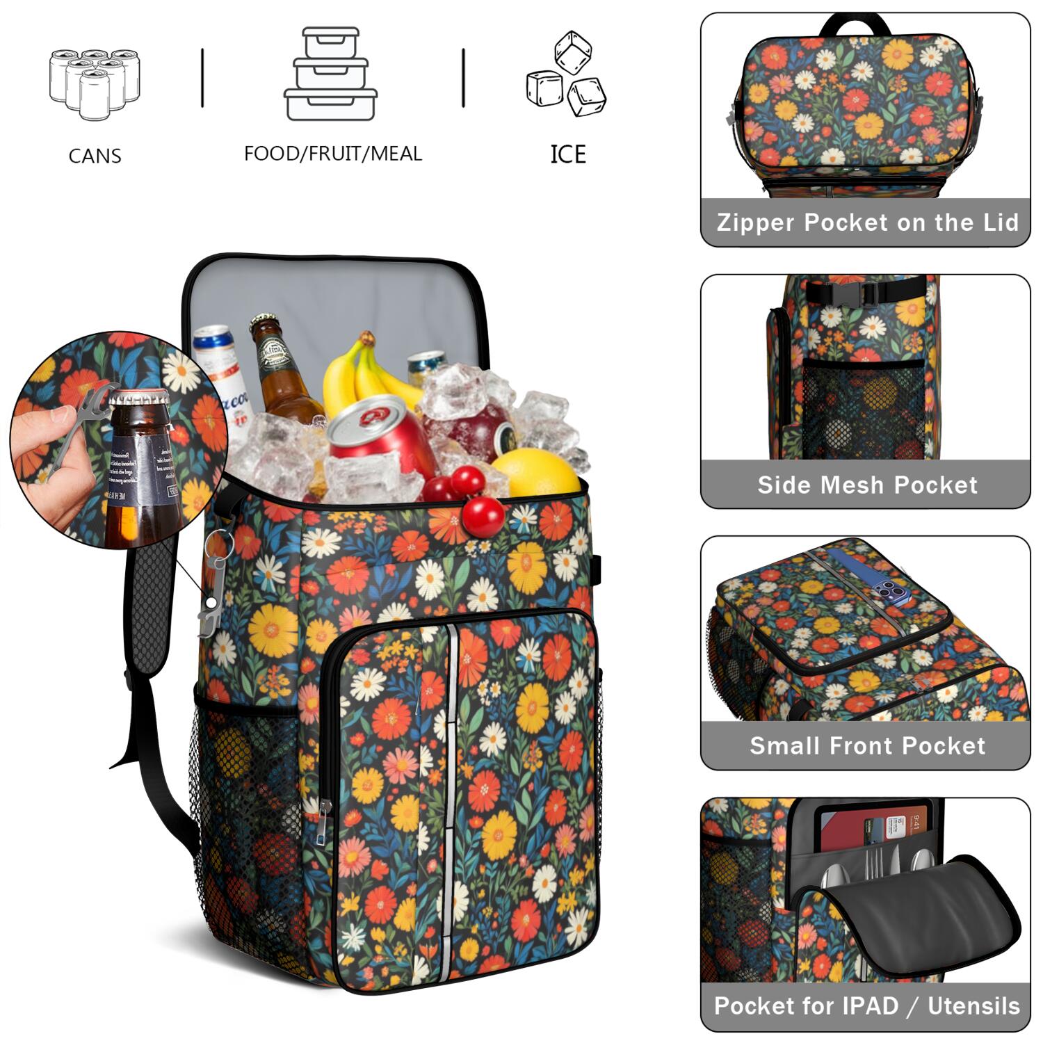 Travel Cooler Bag - Pioneer Flower Camping Beer Cooler Backpack with Bottle Opener- Waterproof Insulated Picnic Backpacks - Cooler Bag for Beach