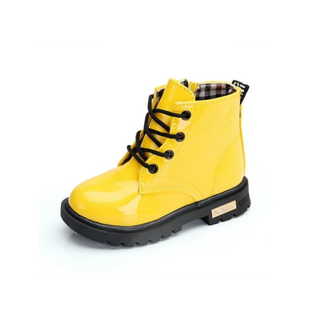 

Avamo Toddler Combat Boots Patent Leather Ankle Boot Side Zipper Short Bootie School Booties Walking Plush Lined Lace Up Yellow 6.5C