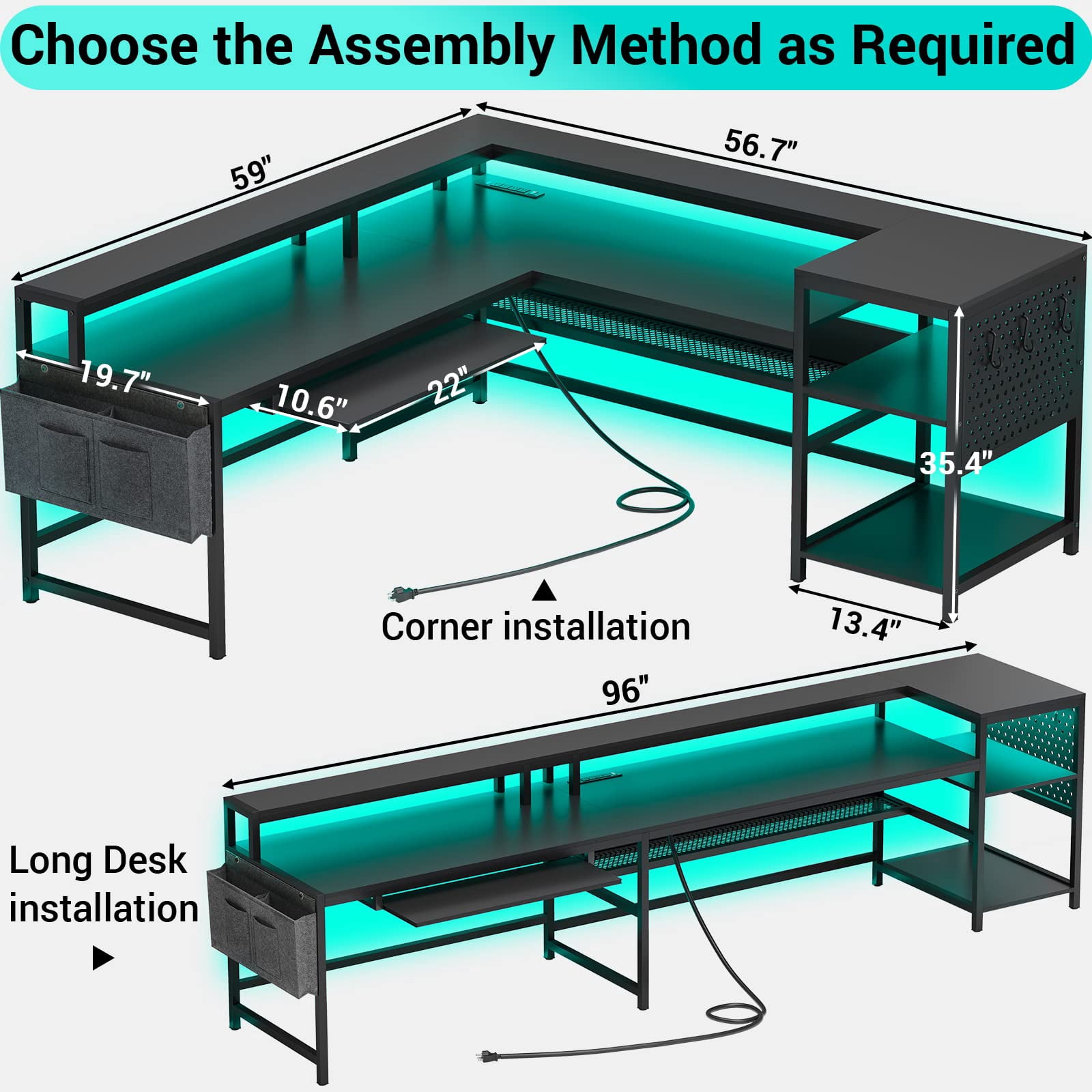 L-Shaped Computer Desk with LED Lights&Power Outlets Reversible Gaming Desk with Storage Shelves&Pegboard&Keyboard Tray for Office/Home, Black
