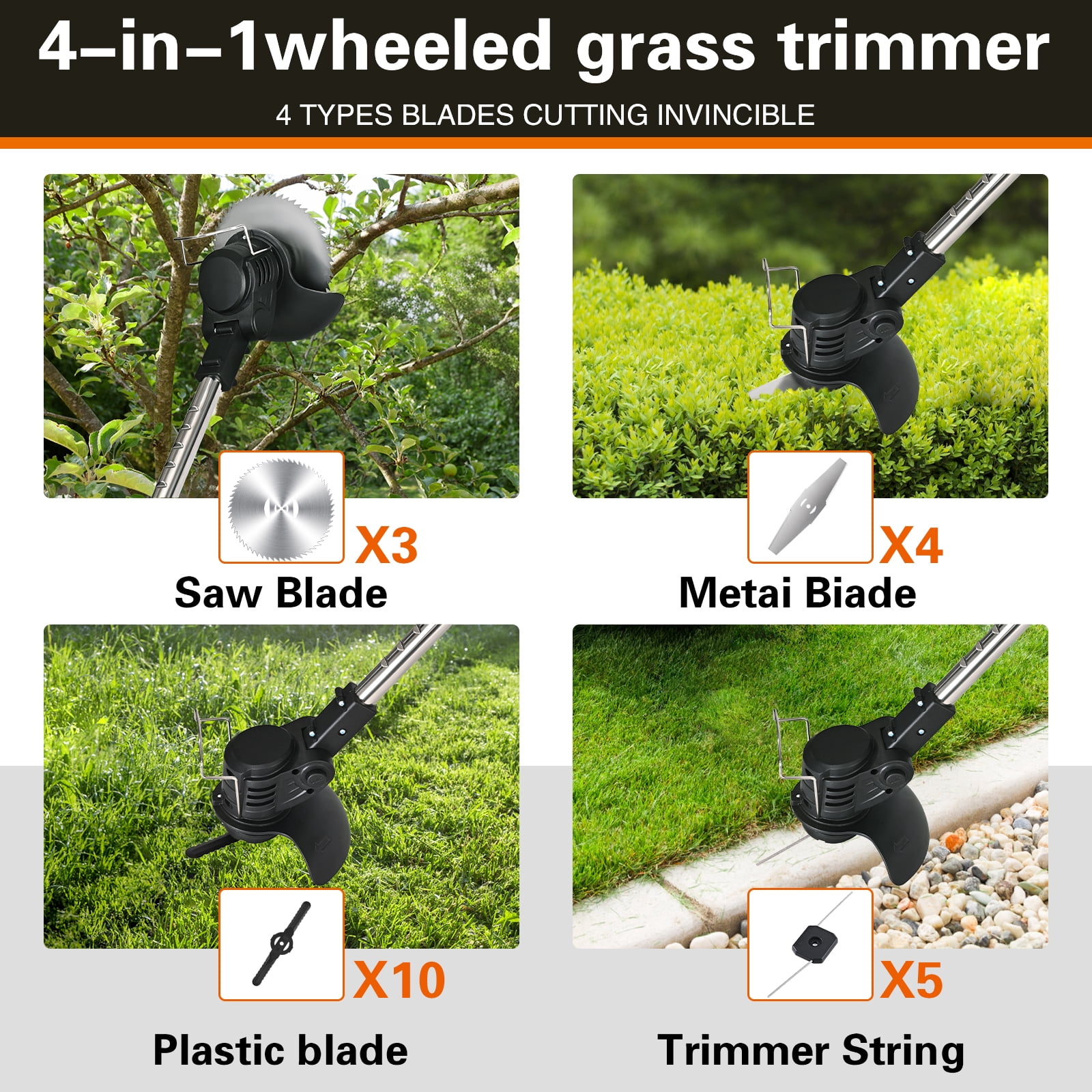 Ktinnead Electric Weed Wacker Cordless,Weed Eater Battery Powered,Cordless String Trimmer with Fast Charger & Wheel,Grass Cutter Machine with 4 Replacement Spools, Edger Lawn Tool, Black