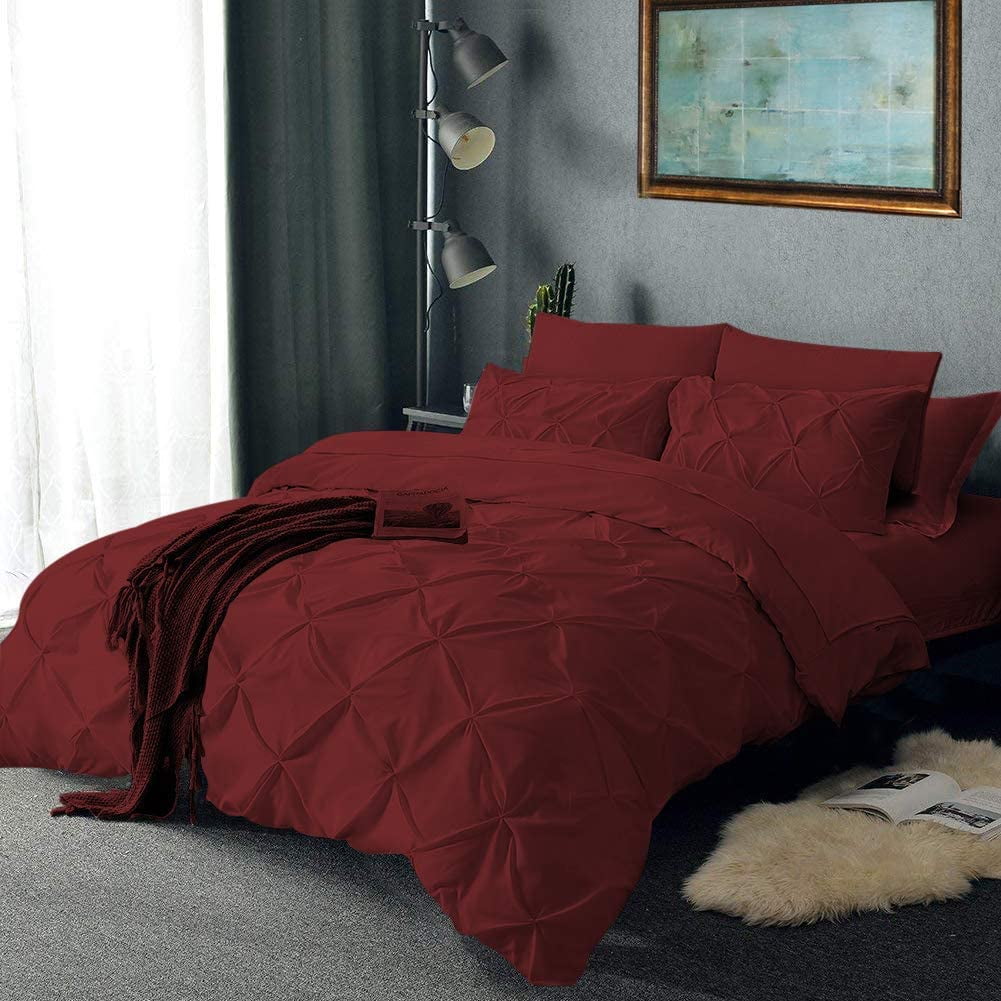 Pinch Pleated 1-Piece Duvet Cover 100% Egyptian Cotton 800 Thread Count with Zipper & Corner Ties Pintuck Decorative Duvet Cover- King/California King Size (94" x 104") Inch, Burgundy