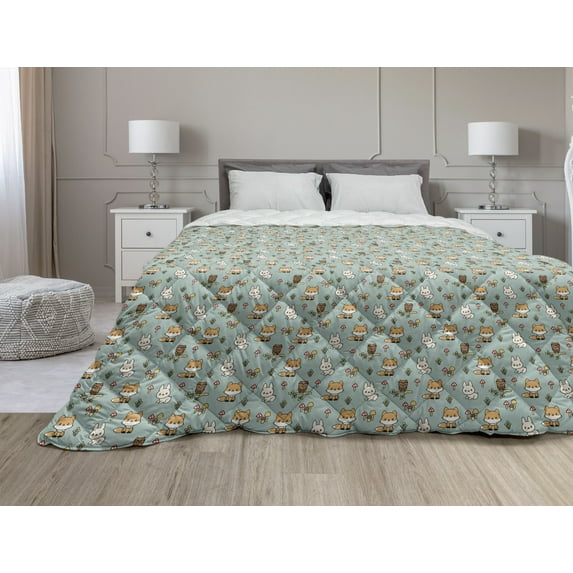 Woodsy Down Alternative Comforter, Sketchy Map Illustration of the Forest Road Through Trees, Microfiber Quilt for All Season, 5 Sizes, Seafoam Grey, by Ambesonne