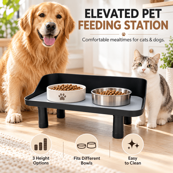 JWGIETK Adjustable Elevated Pet Bowl Stand with Silicone Mat, Anti-Tip Feeding Station for Dogs and Cats,  0.9 — 8.4 in