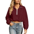 thumbnail image 4 of hoksml Women Half Zip Collar Drawstring Hem Cropped Sweatshirt Drop Shoulder Puff Long Sleeve Pullover for Street Casual Daily, 4 of 8