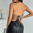 thumbnail image 4 of Women's Leather Halter Top V neck Front Zip Closure Back Lace Up Overbust Corset Tops Brown L, 4 of 4