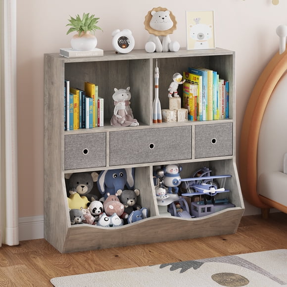 BeesClover 7-Cubby Large Kids Toy Storage Organizer, Wooden Children's Bookcase and Bookshelf, 3-Tier Toy Storage Cabinet with 3 Drawers for Playroom, Hallway, Living Room, or School