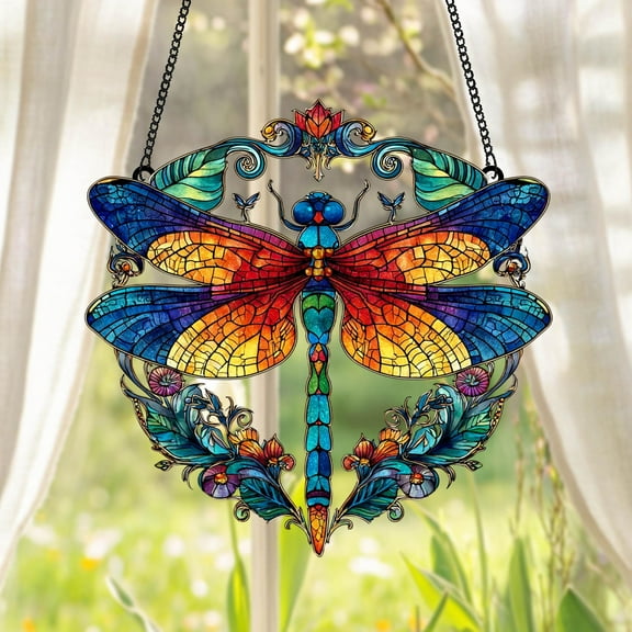Vibrant Dragonfly Acrylic Window Hanging, Floral Dragonfly Faux Stained Glass Suncatcher, Rainbow Garden Gift Idea, Outdoor Decor