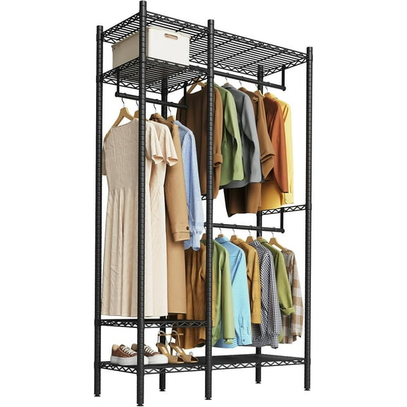 Heavy-Duty 4-Tier Clothing Rack with Shelves, Freestanding Portable Closet Wardrobe System for Hanging Clothes, Max Load 850 lbs, Black