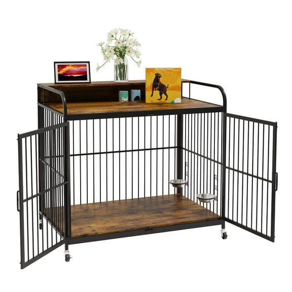 Towallmark 40 Inch Large Decorative Dog Crate Furniture,Multi-Functional Pet Kennel with Wheels,Dual Bowls & Storage Shelf, Ventilated Indoor Dog House for Medium/Large Dog,Brown