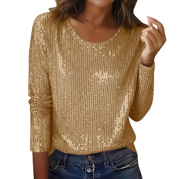 Laqbezok Womens Shiny Sequin Long Sleeve Round Neck Sparkly Party Top, Elegant Glitter Evening Gown Blouse, Fashion Outfit