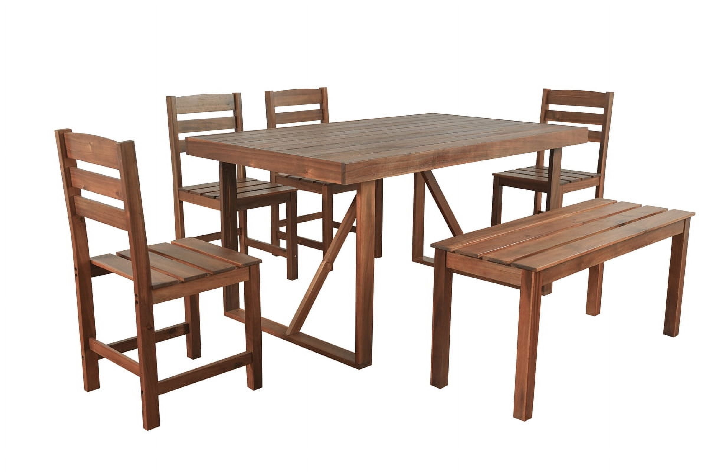 HighSound 6-Piece Outdoor Acacia Wood Dining Set, Patio Table and Chairs Set with Bench for 6-7 People, Outdoor Dining Furniture Set for Garden, Backyard and Poolside, Brown
