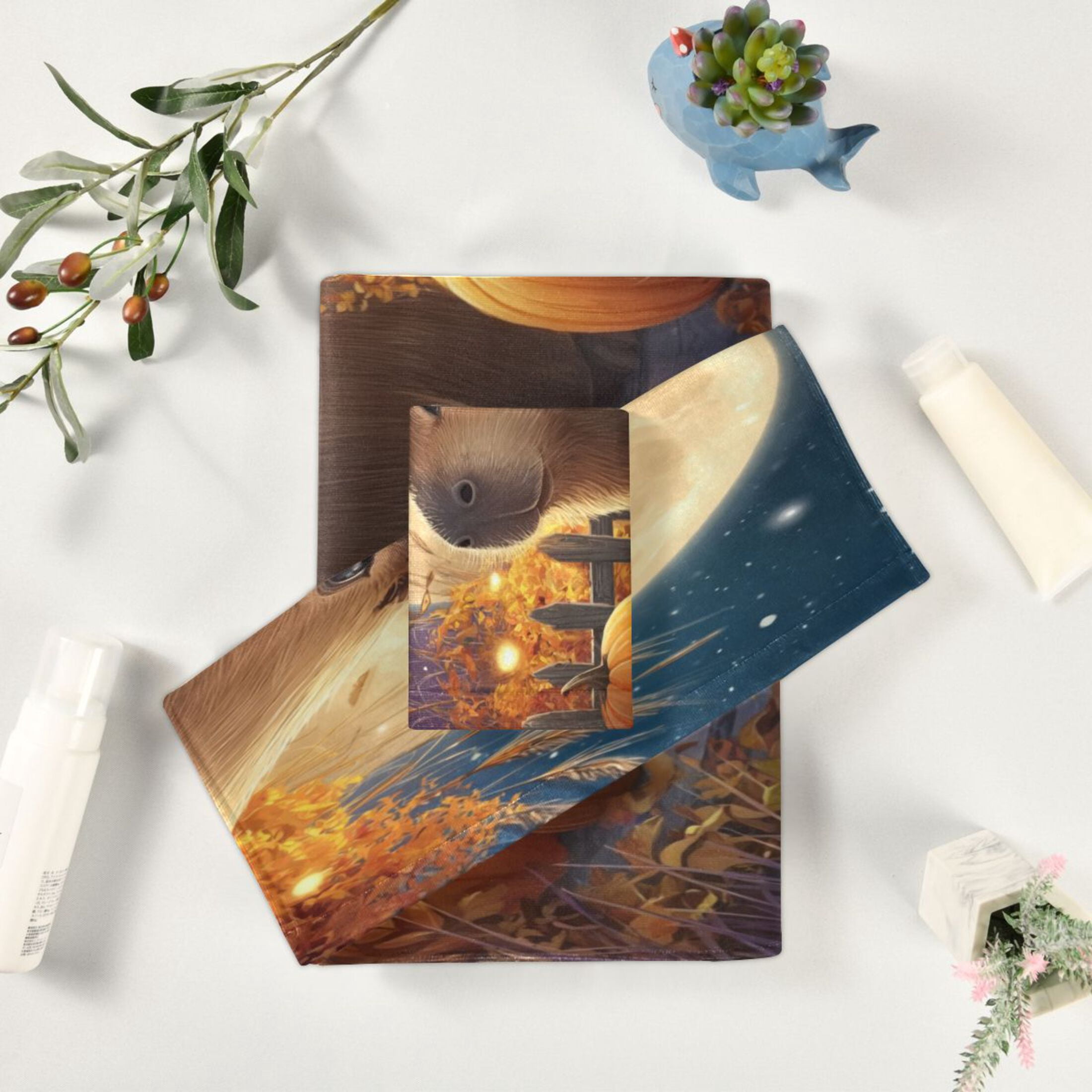 3 Piece Bath Towels Set Bath Towel, Hand Towel and Face Towel for Bathroom, Gym, Hotel Capybara with Pumpkins and Leaves