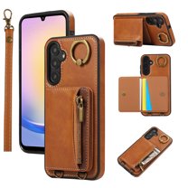 ELEHOLD Case for Samsung Galaxy A15, Zipper Leather Wallet Case with Card Holder Stand,Brown