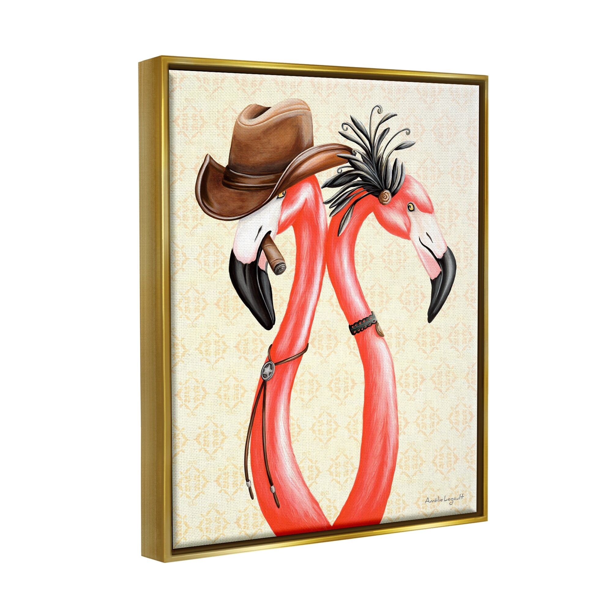 Stupell Industries Vintage Flamingos Cowboy Hat Antique Fashion Outfit Graphic Art Metallic Gold Floating Framed Canvas Print Wall Art, Design by Amelie Legault