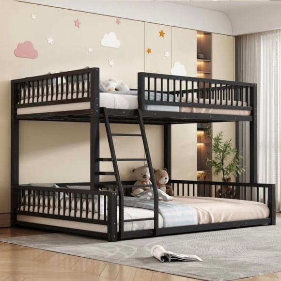 Full XL over Queen Floor Bunk Bed Frame with Ladder and Safety Guardrails, Easy Assemble, Black