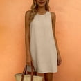 thumbnail image 6 of Mini Dress for Women 2026 Solid Linen Crew Neck Summer Vacation Going Out Cute Short Dress Khaki M, 6 of 6