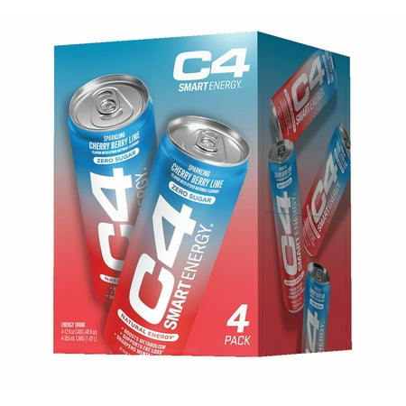 C4 Smart Energy Drink, Cherry Berry Lime Flavor, Zero Sugar, Carbonated, 12 oz can (4 pack)