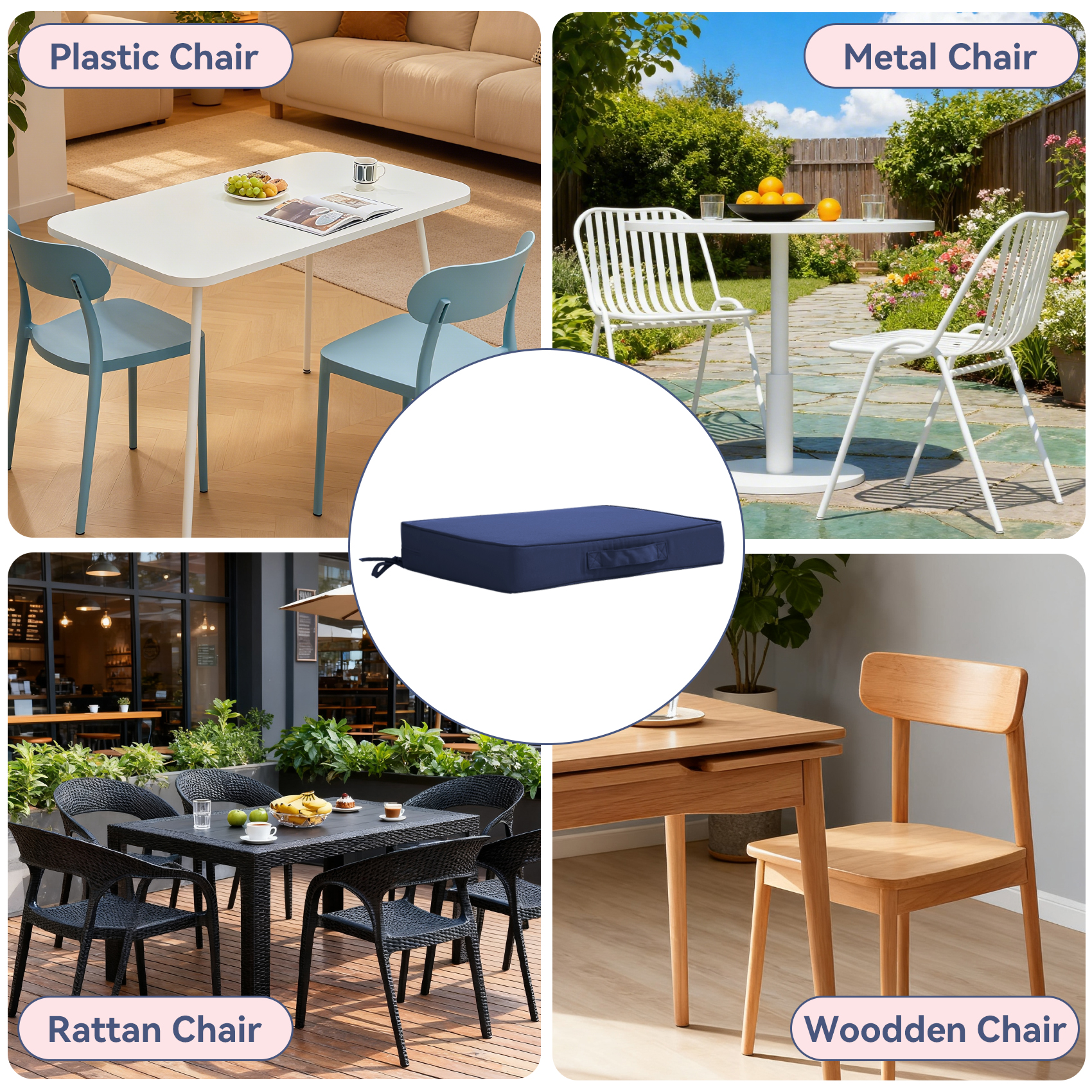 Outdoor Chair Cushions Set of 2 -Waterproof Outdoor Seat Cushions for Patio Furniture, Patio Chair Cushion with Handle and Ties, Square Out Door Chair Pads,19" x 19" x 3", Blue