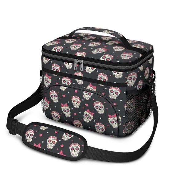 Skull and Bow Gothic Pattern Insulated Lunch Box for Women Men, Medium Leakproof Cooler Bag with Adjustable Strap, 10"x6.7"x8"