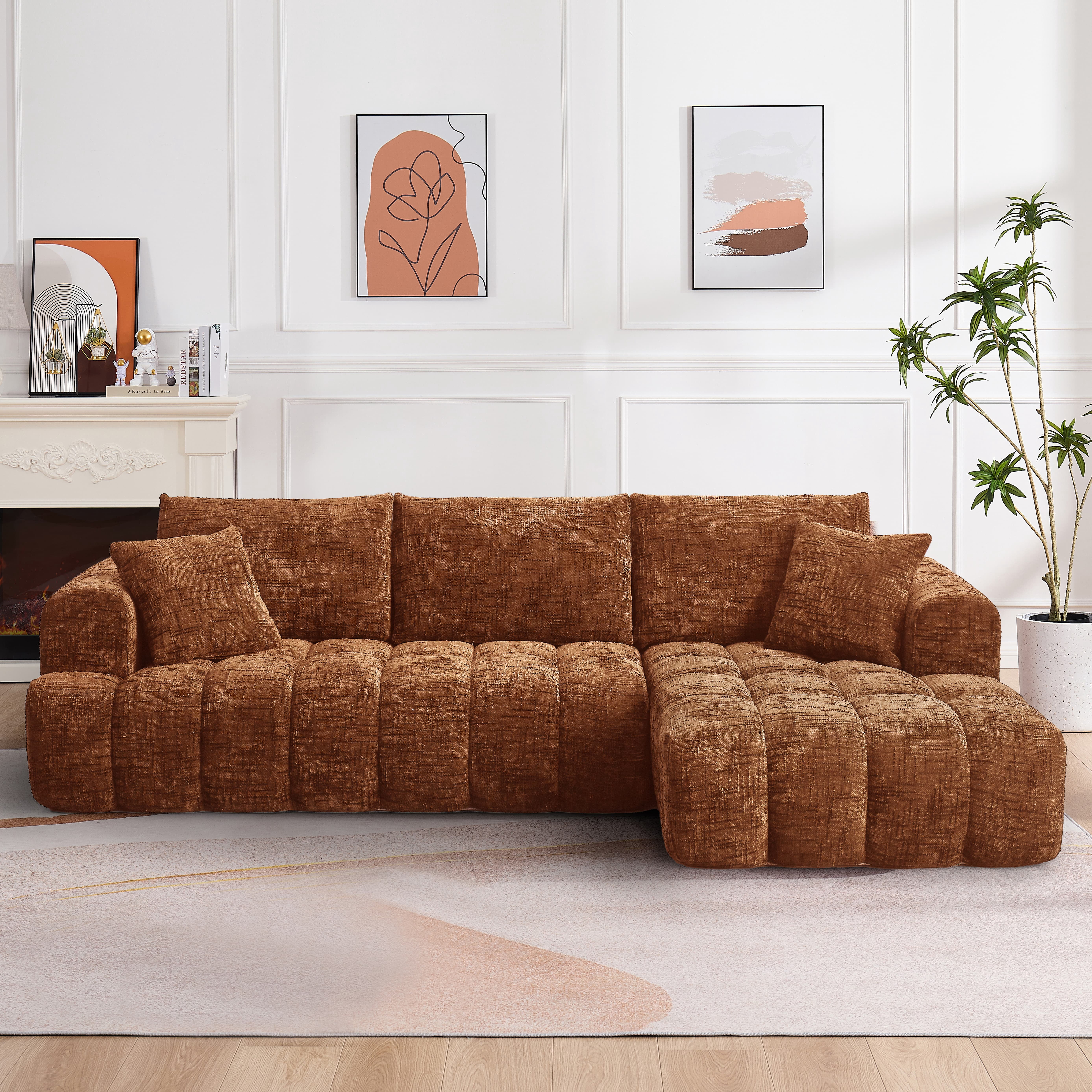 MAYEERTY 108.3" Orange Chenille L-Shaped Modular Sectional Sofa, Pocket Spring No Assembly Couch for Living Room Apartment