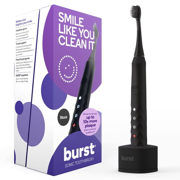 BURST Brosse à Dents Électrique Sonique Originale pour Adultes (Noire) / Poils Souples Nettoyage en Profondeur Élimination des Taches et de la Plaque / 3 Modes : Blanchiment des Dents, Peau Sensible et Massage