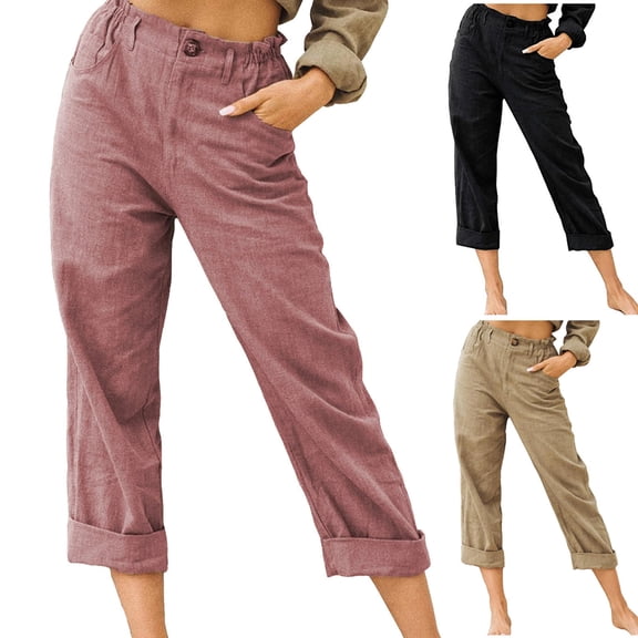 Summer Capri Pants Womens Cotton Linen Cropped Pants Elastic High Waisted Button Closure Pure Color Casual Lounge Slacks (XL, Wine-S)