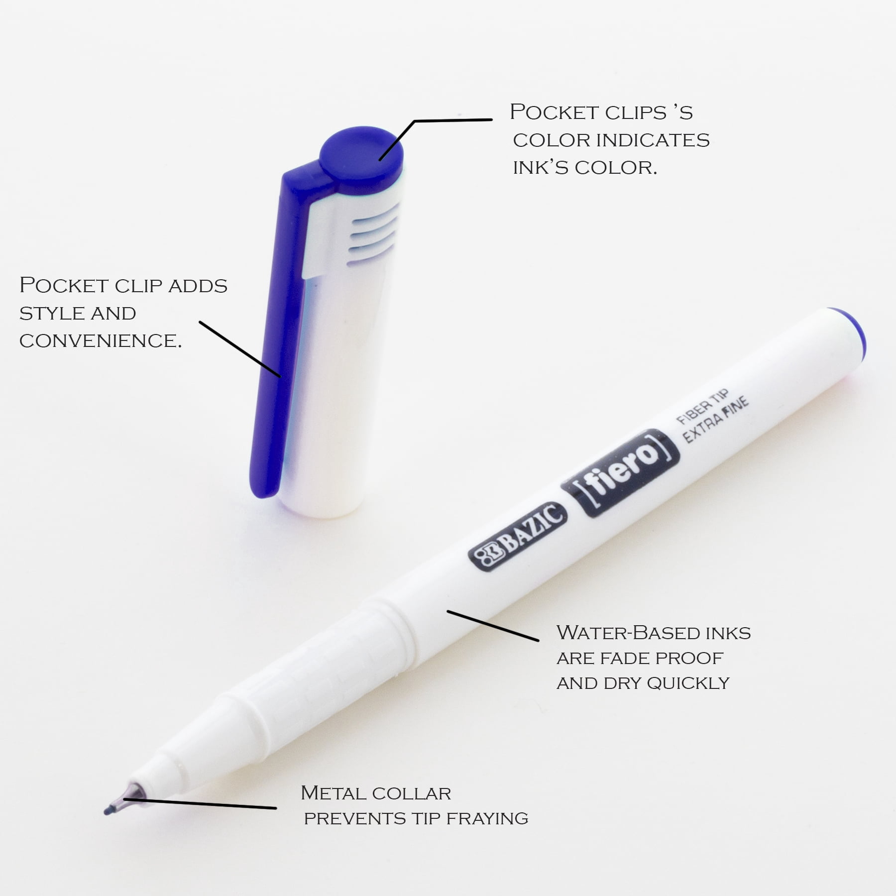 BAZIC Fiero Blue Fiber Tip Fineliner Pen, 0.4mm Extra Fine Tip (4/Pack), 24-Pack