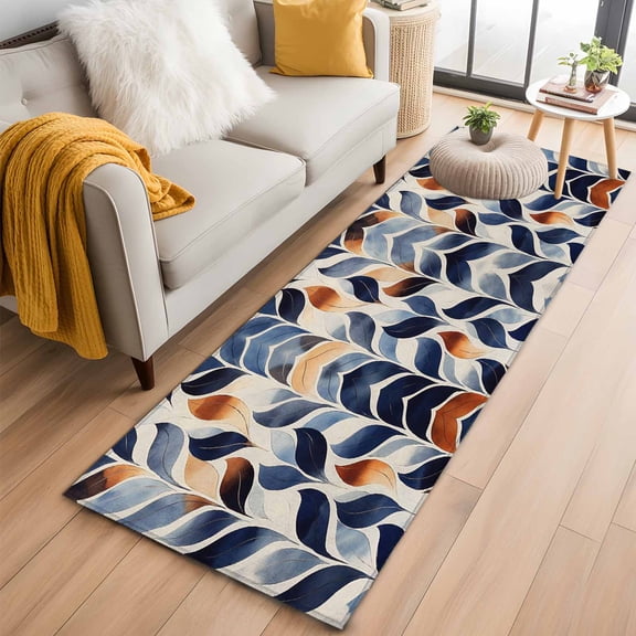 Navy Blue Burnt Orange Botanical Kitchen Runner Rug 2x6 Washable Runners for Hallway Non Slip Palm Leaf Abstract Large Area Rug Indoor Floor Carpet for Bathroom Laundry Entryway Bedroom Living Room