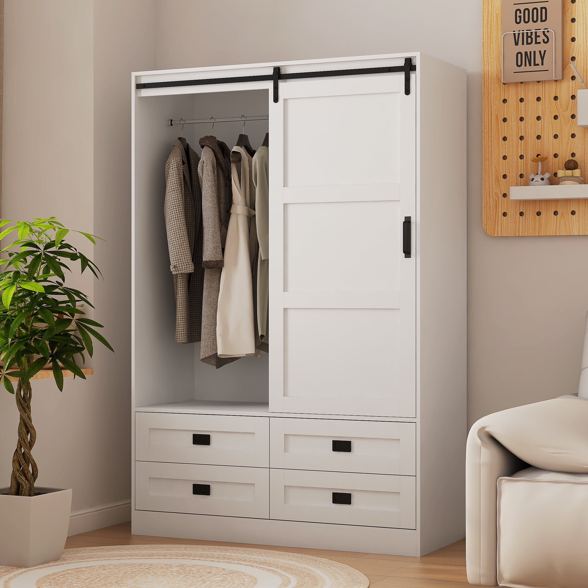Aukfa Wood Armoire Wardrobe Closet,Clothing Storage Cabinet with Drawers,Hanging Rod & Barn Door,White
