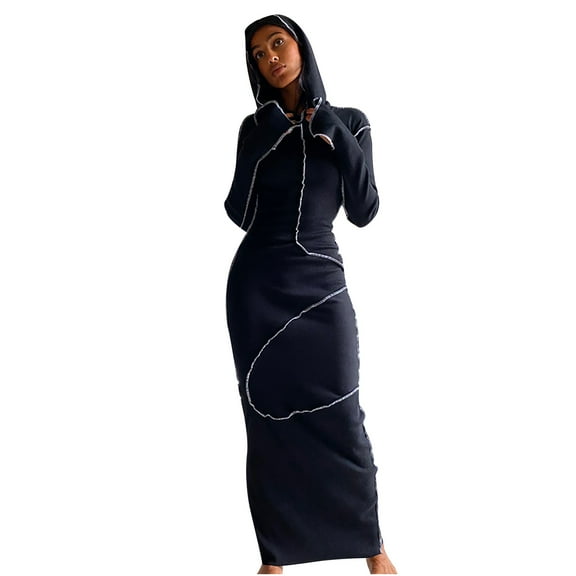 LLYwey Maxi Dresses for Women 2024 Fashion Solid Hooded Long Sleeve Long Dress Tight Party Club Dress New Casual Dresses Black M
