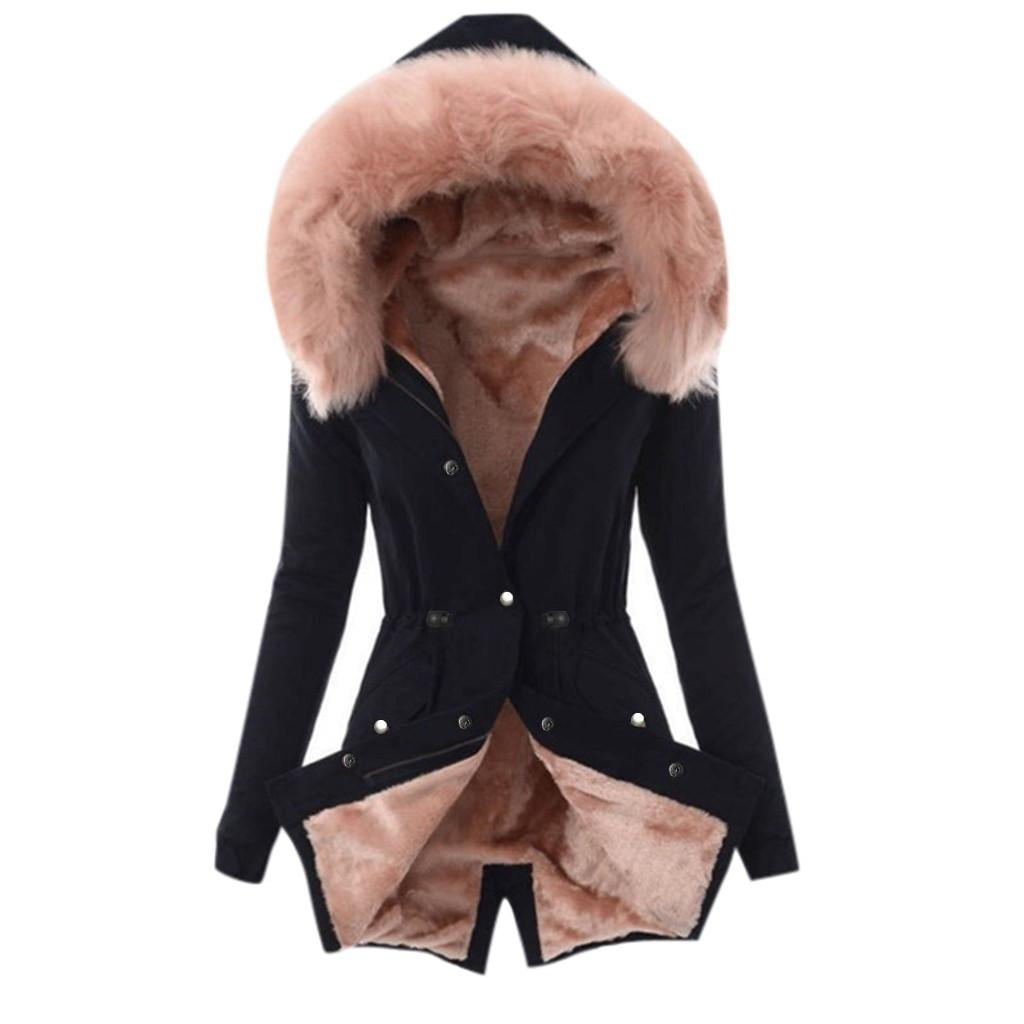 sheart 9 Thick Winter Warm Jacket Coat for Women Faux Fur Lining Long Mid Length Plus Size Casual Solid Slim Hooded Parkas 