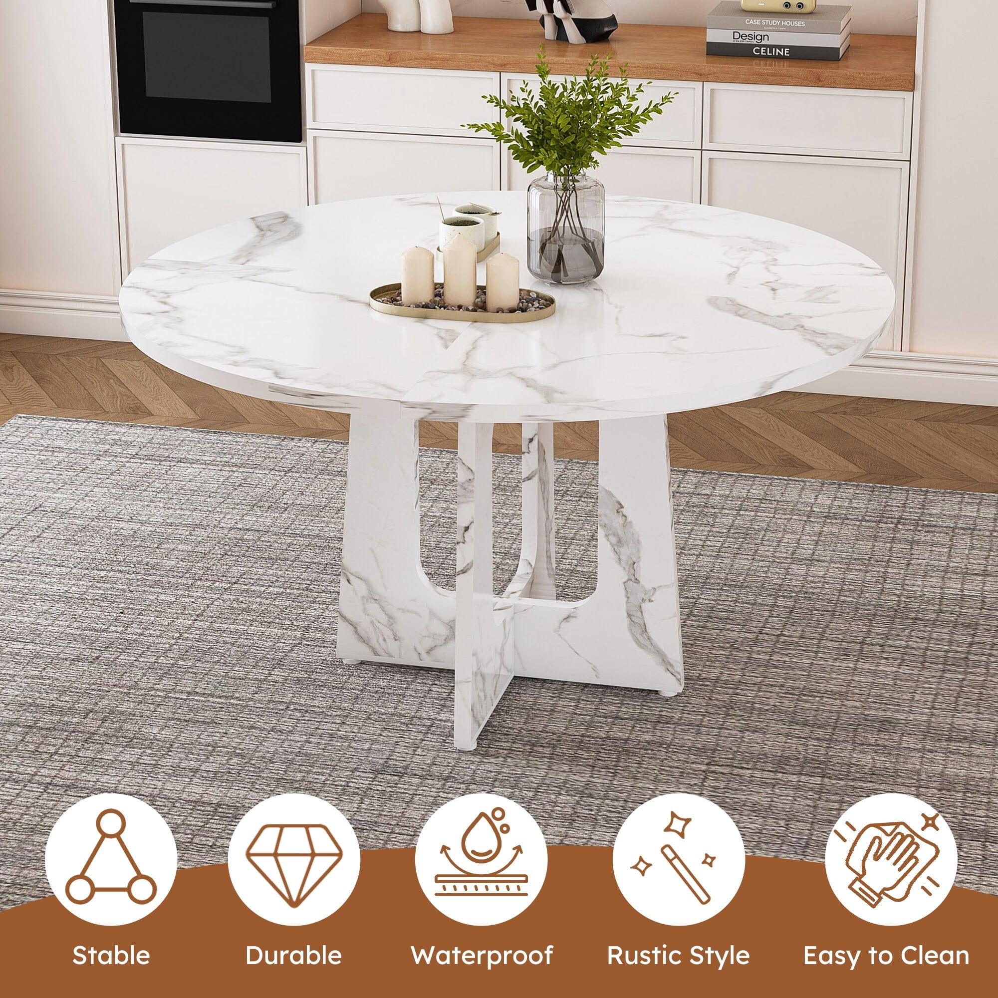 AENKYO 47" Round Dining Table, Modern Faux Marble Texture Kitchen Table for 4-6, Heavy Duty Pedestal Base, White