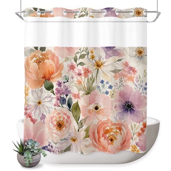 No Hook Shower Curtain, Colorful Flowers Shower Curtains for Bathroom with See Through Top Window, Spring Floral Summer Botanical Rustic Waterproof & Washable Bath Curtain Standard 72"x72"