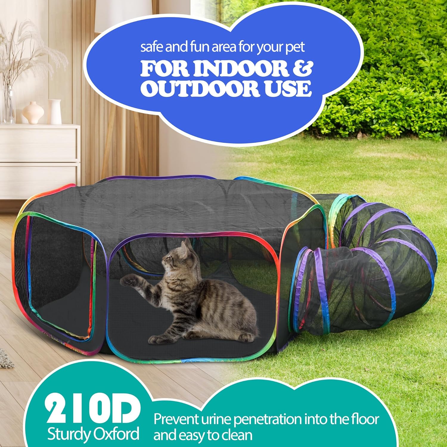 Outdoor Cat Enclosure, Portable Catio Playground with Tent & Tunnel for Cats and Small Animals, Foldable Cat Playpen Includes Storage Bag for Outside and Indoor Play, Rainbow Color