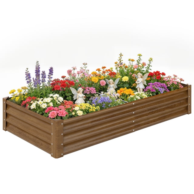 Outsunny 6x3x1ft Galvanized Raised Garden Bed, Open Bottom, Wood-Effect