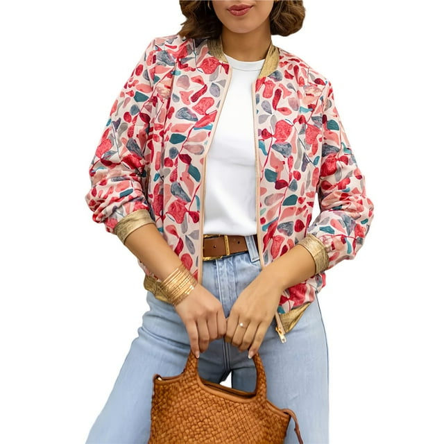Chaquetas Informales de con Cremallera para Mujer, Chaqueta Holgada Estilo Bohemio, de Larga, con Estampado de Hojas de Árbol Color Mixto 2 XL