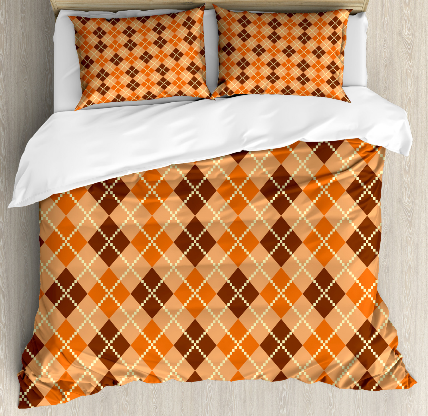 Orange Brown Duvet Cover Set, Vintage Argyle Pattern with Diamond Check