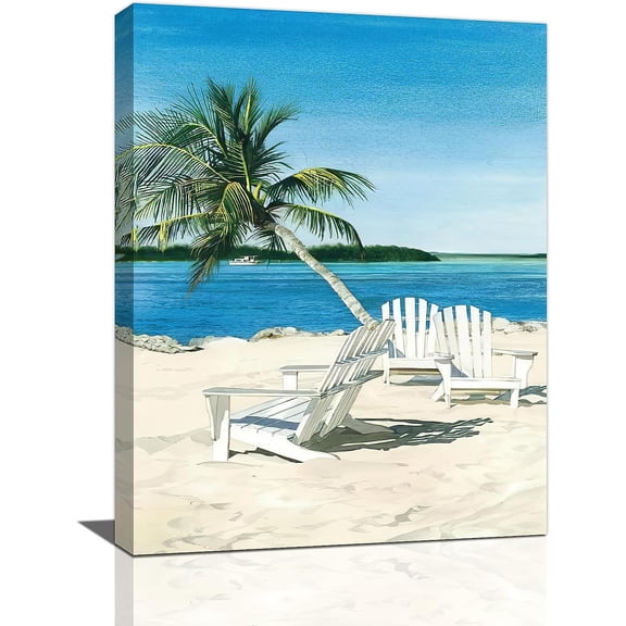 Coastal Beach Bathroom Decor Wall Art Palm Tree Chair Pictures Nautical Ocean Canvas Painting Framed Artwork for Living Room Bedroom 12''x16''