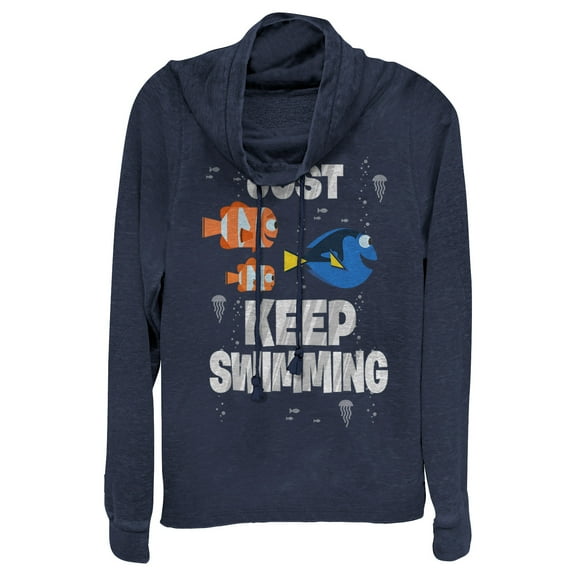 Junior's Finding Dory Just Keep Swimming  Cowl Neck Sweatshirt Navy Blue 2X Large