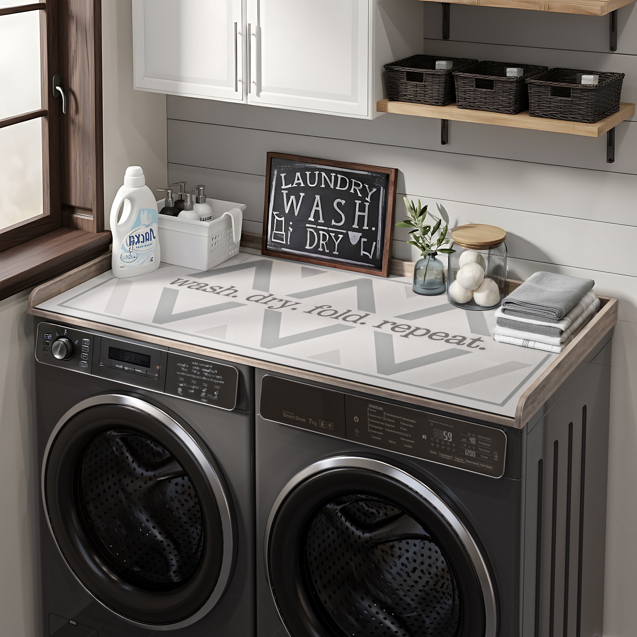 27.6" D x 54" W Wood Washer Dryer Countertop with Anti-Slip Pad, Laundry Room Organization Set, Dryer Covers for The Top with Edge Rails, Washer Dryer Topper for Laundry Room, Grey