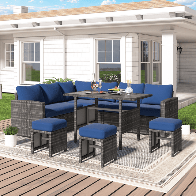 AECOJOY 7 Pieces Patio Furniture Set PE Rattan Outdoor Dining Set Sectional Sofa Couch with Table Patio Conversation Set in Dark Blue
