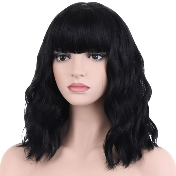SUCS Black Wigs Short Curly Bob Wig with Bangs Wavy Hair Wigs 14 Inches Women's Synthetic Wigs Daily Party Use