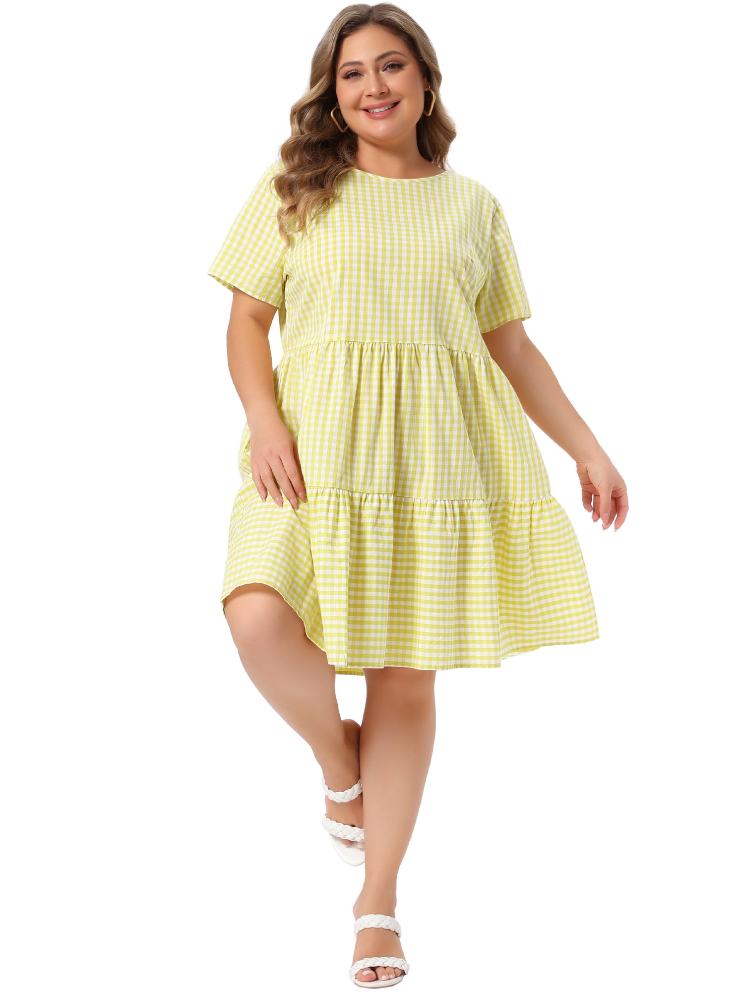 DARING DIVA Women's Plus Size Plaid Round Neck Short Sleeve Midi Dress 3X Yellow