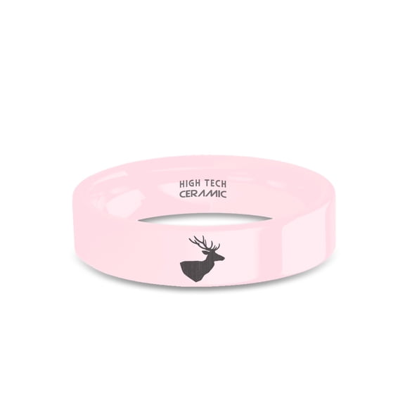 Deer Head with Antlers Laser Engraved Pink Polished Ceramic Ring, 6mm, Size 14