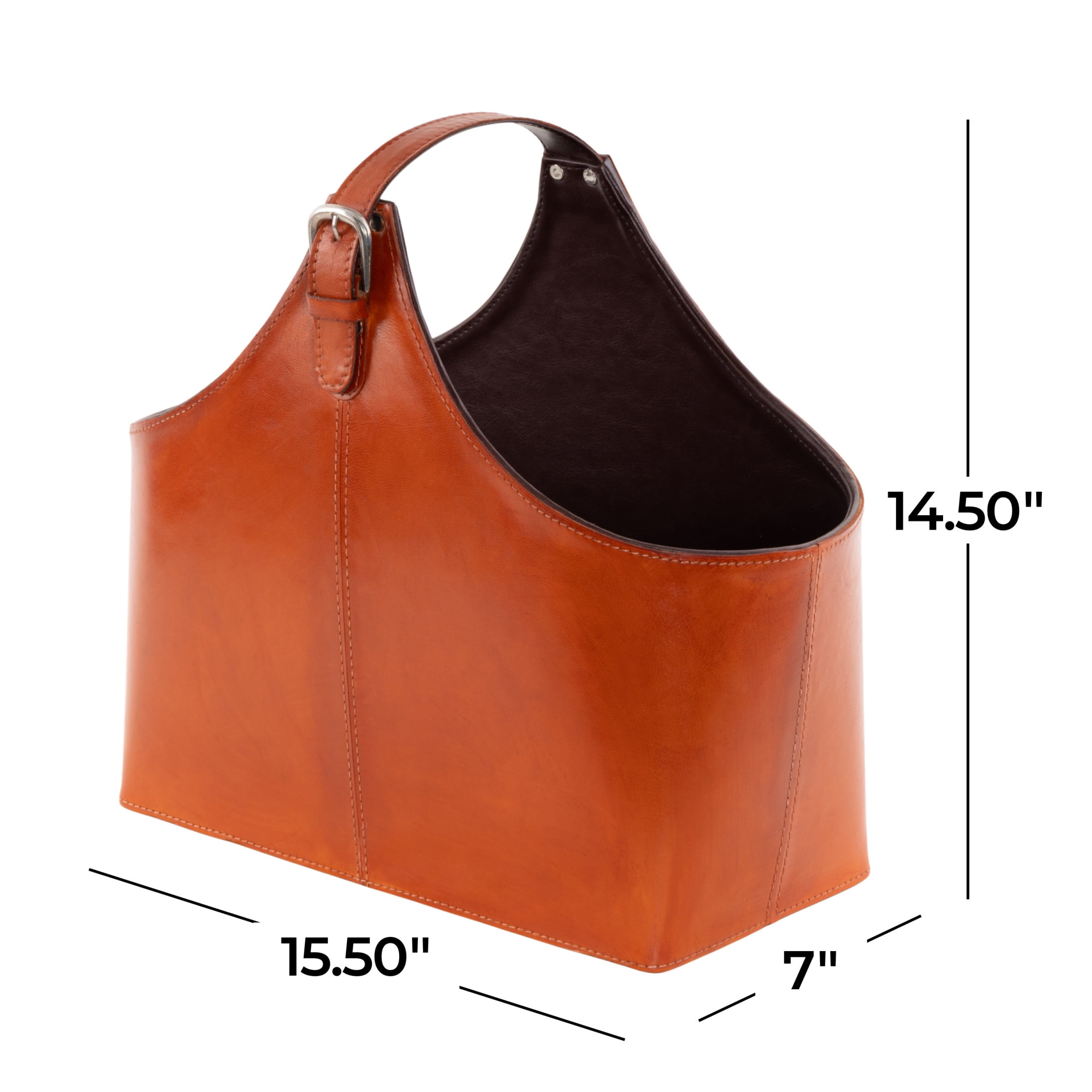 DecMode 15" Brown Leather Handmade Box Style Magazine Holder with Detail Stitching and Curved Buckle Handle