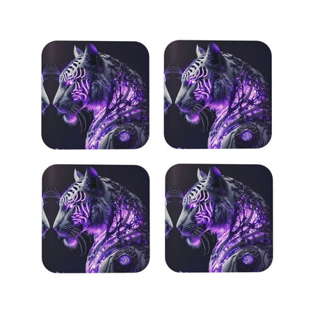 

Leather Coasters Set of 4 - Purple Pattern White Tiger Lightweight Non-Slip Drink Coasters for Desk Anti-Scalding Desk Cup Coasters for Office Table Decor Square