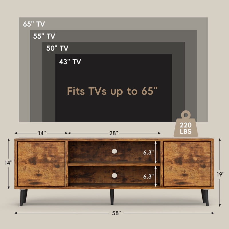 Vineego TV Stand for 65 Inch TVs, Rustic Oak Storage Cabinet with Drawers & Cord Management, Entertainment Center for Living Room
