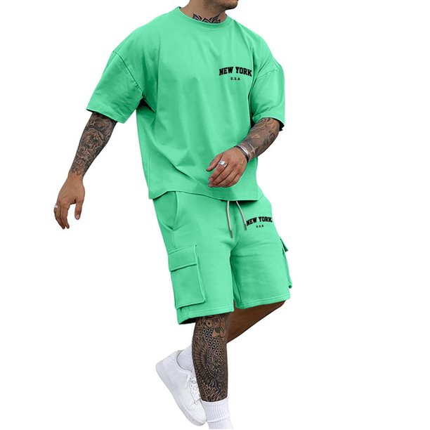 Playeras Cuello V Para Hombre, Conjunto De Dos Piezas De Camiseta Y Pantalones Cortos De Manga Corta Con Estampado Masculino, Camisa Estampada Y Pantalón Corto.
